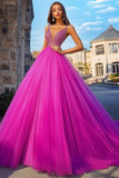 Robe de bal longue trapèze en tulle à col en V fuchsia