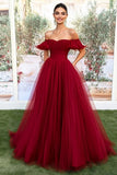 Robe longue de bal trapèze en tulle bordeaux à épaules dénudées