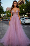 Dusty Rose Glitter Robe de bal trapèze longue à épaules dénudées