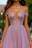Dusty Rose Glitter Robe de bal trapèze longue à épaules dénudées