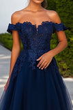 Tulle bleu marine Robe de bal longue trapèze avec appliques