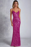 Paillettes scintillantes Robe formelle fourreau à bretelles spaghetti fuchsia