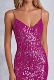Paillettes scintillantes Robe formelle fourreau à bretelles spaghetti fuchsia