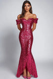 Robe formelle sirène à sequins fuchsia à épaules dénudées
