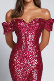 Robe formelle sirène à sequins fuchsia à épaules dénudées