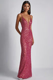 Robe longue formelle à bretelles spaghetti fourreau fuchsia scintillant avec paillettes