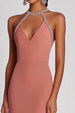 Robe formelle longue en mousseline de soie perlée rose