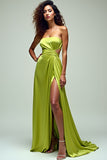Vert citron Une ligne sans bretelles Hollow Out Robe longue formelle avec fente