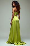 Vert citron Une ligne sans bretelles Hollow Out Robe longue formelle avec fente