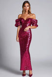 Robe longue formelle à paillettes fourreau fuchsia scintillant à épaules dénudées