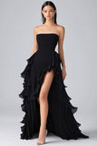 Noir A Ligne Volants Mousseline Tiered Robe Formelle Sans Bretelles Avec Fente