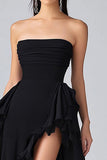 Noir A Ligne Volants Mousseline Tiered Robe Formelle Sans Bretelles Avec Fente