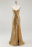 Robe formelle sirène sans bretelles à paillettes dorées scintillantes avec fente