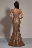 Robe formelle sirène sans bretelles à paillettes dorées scintillantes avec fente