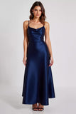 Robe formelle fourreau à bretelles spaghetti marine en satin stretch