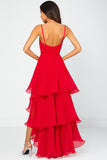 Robe formelle à volants en mousseline de soie rouge à bretelles spaghetti