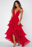 Robe formelle à volants en mousseline de soie rouge à bretelles spaghetti