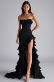 Robe formelle sans bretelles à volants sirène noire avec fente