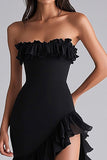 Robe formelle sans bretelles à volants sirène noire avec fente