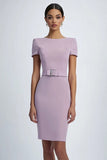 Robe formelle midi à manches courtes fourreau lilas avec ceintures