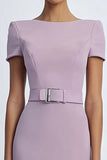 Robe formelle midi à manches courtes fourreau lilas avec ceintures