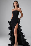 Robe longue formelle élégante à volants noirs avec fente