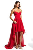 Robe formelle asymétrique en mousseline de soie rouge A Line avec volants