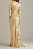 Robe formelle fourreau à épaules dénudées dorée avec paillettes