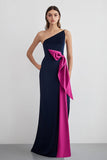 Robe longue de cérémonie marine à une épaule avec nœuds