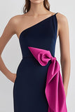 Robe longue de cérémonie marine à une épaule avec nœuds