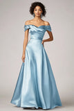 Robe formelle en satin à épaules dénudées bleu ciel