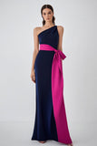 Robe formelle fourreau fuchsia marine à une épaule avec ceinture