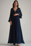 Robe formelle en mousseline de soie à col en V bleu marine à manches longues