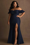 Bleu marine à épaules dénudées Robe longue formelle grande taille avec fente