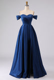 Robe de bal longue en satin bleu marine à la ligne A avec fente