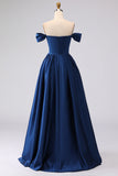 Robe de bal longue en satin bleu marine à la ligne A avec fente