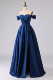 Robe de bal longue en satin bleu marine à la ligne A avec fente