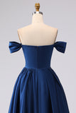 Robe de bal longue en satin bleu marine à la ligne A avec fente