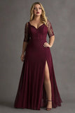 Robe formelle longue en dentelle demi-manches bordeaux grande taille avec fente