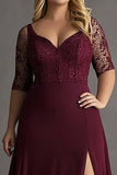 Robe formelle longue en dentelle demi-manches bordeaux grande taille avec fente