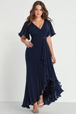 Robe formelle longue grande taille en mousseline de soie bleu marine à col en V