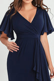 Robe formelle longue grande taille en mousseline de soie bleu marine à col en V