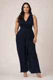 Grandes tailles bleu marine col en V longues femmes Combinaisons