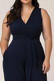 Grandes tailles bleu marine col en V longues femmes Combinaisons