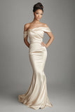 Sirène champagne épaules dénudées robe longue formelle en satin