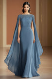 Gris bleu bateau col fourreau longue robe formelle avec perles