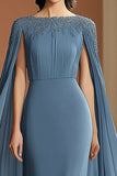 Gris bleu bateau col fourreau longue robe formelle avec perles