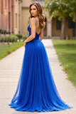 Robe longue de bal scintillante à bretelles spaghetti bleu royal fendue avec paillettes