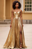 Robe de bal longue à bretelles spaghetti dorées scintillantes avec fente