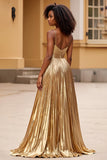 Robe de bal longue à bretelles spaghetti dorées scintillantes avec fente